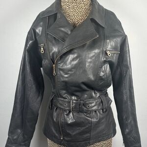 Vtg 80s Boutique Europa Womens Genuine Leather Jacket Coat Black Moto Biker Zip
